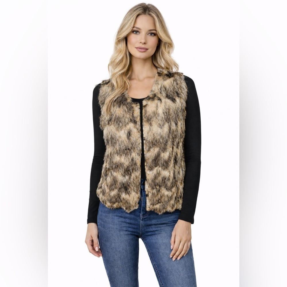 Travelers Collection by Chicos Vest Womens 2 (Large 12) Faux Fur Fringe Brown